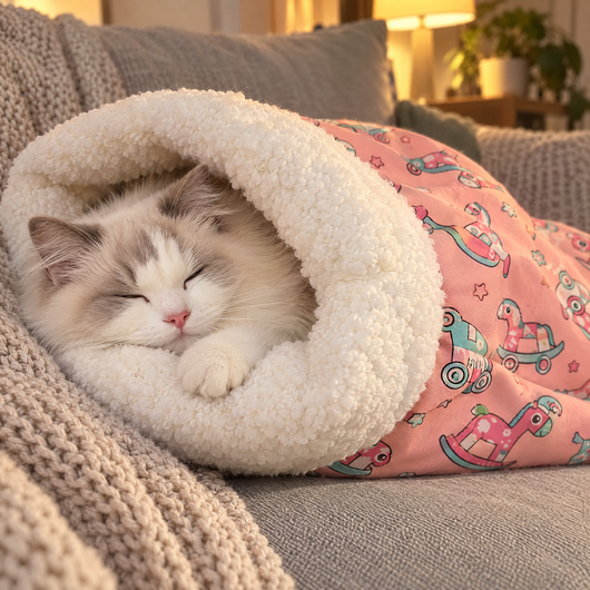 Ragdoll cat curled up in the Pink Pony Purrden sack on the sofa